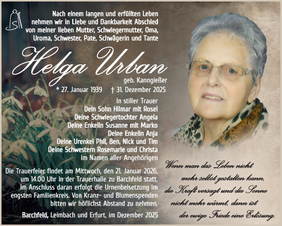 Traueranzeige von Helga Urban von Südthüringer Presse