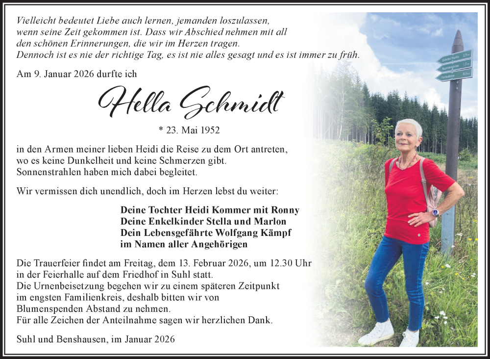  Traueranzeige für Hella Schmidt vom 17.01.2026 aus Südthüringer Presse