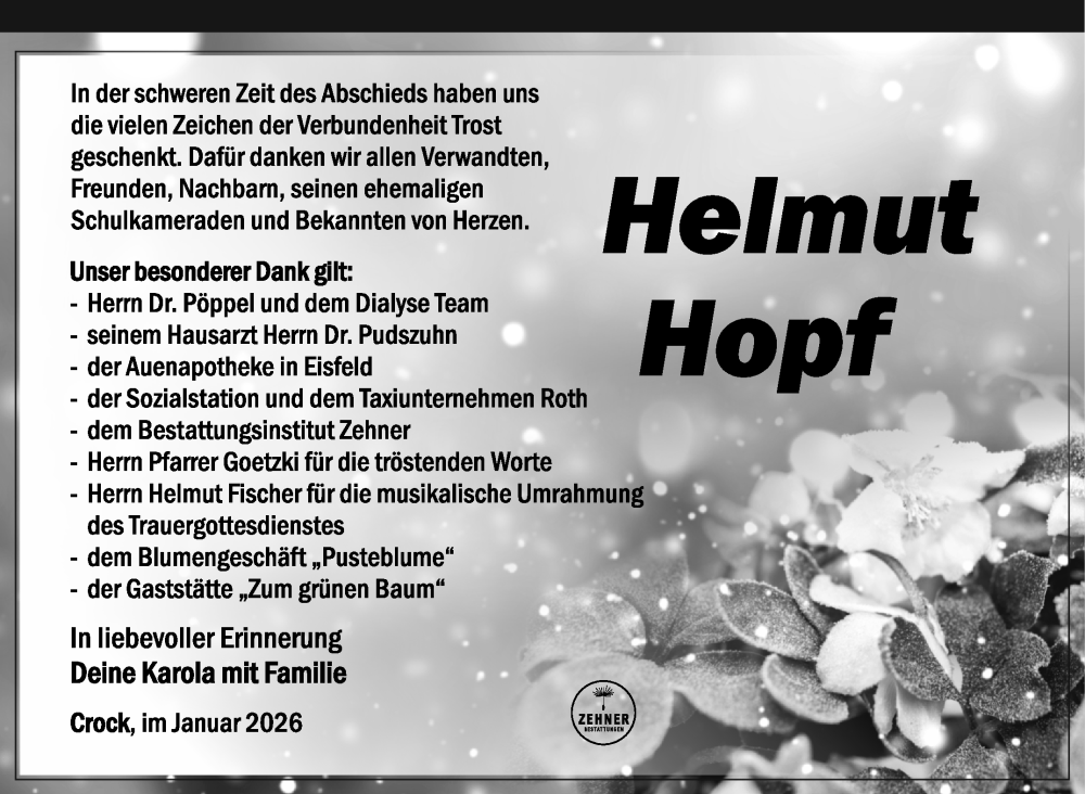  Traueranzeige für Helmut Hopf vom 10.01.2026 aus Südthüringer Presse