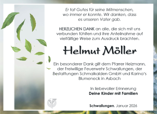 Traueranzeige von Helmut Möller von Südthüringer Presse