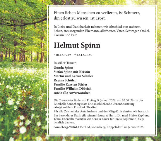 Traueranzeige von Helmut Spinn von Südthüringer Presse