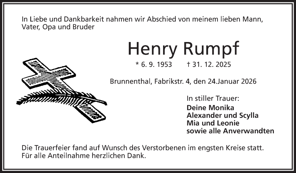  Traueranzeige für Henry Rumpf vom 24.01.2026 aus Frankenpost