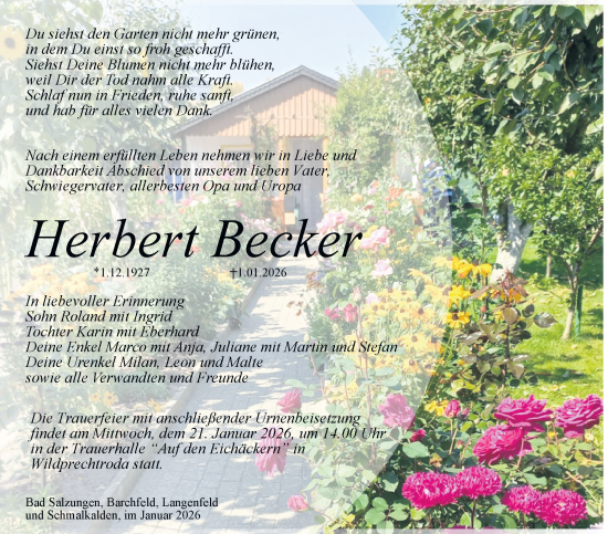 Traueranzeige von Herbert Becker von Südthüringer Presse