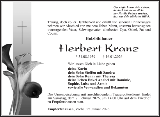 Traueranzeige von Herbert Kranz von Südthüringer Presse
