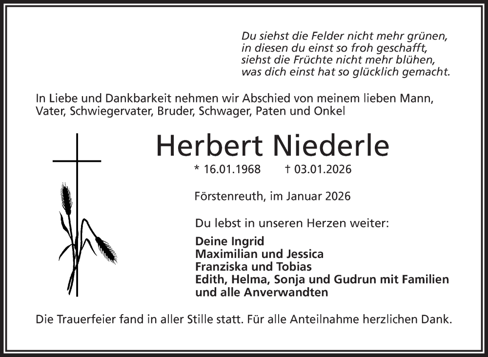  Traueranzeige für Herbert Niederel vom 17.01.2026 aus Frankenpost