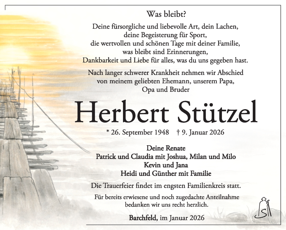  Traueranzeige für Herbert Stützel vom 24.01.2026 aus Südthüringer Presse