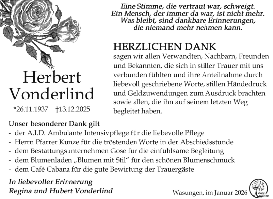 Traueranzeige von Herbert Vonderlind von Südthüringer Presse