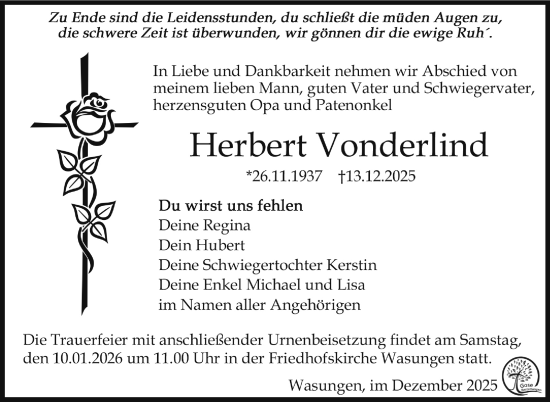 Traueranzeige von Herbert Vonderlind von Südthüringer Presse