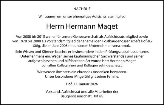Traueranzeige von Hermann Maget von Frankenpost