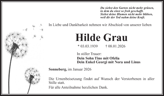 Traueranzeige von Hilde Grau von Südthüringer Presse