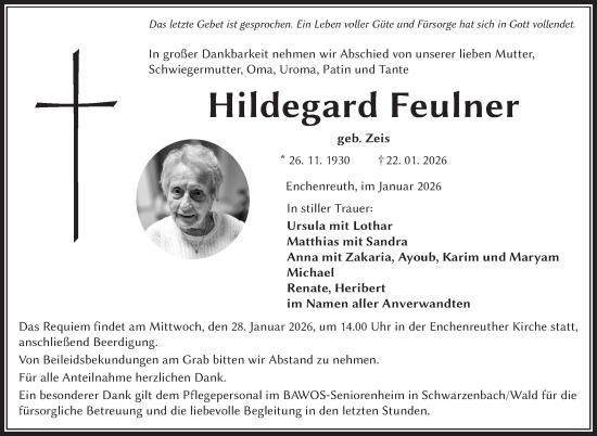 Traueranzeige von Hildegard Feulner von Frankenpost