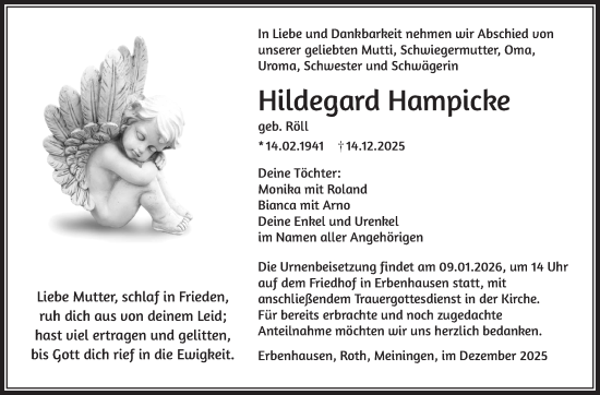 Traueranzeige von Hildegard Hampicke von Südthüringer Presse