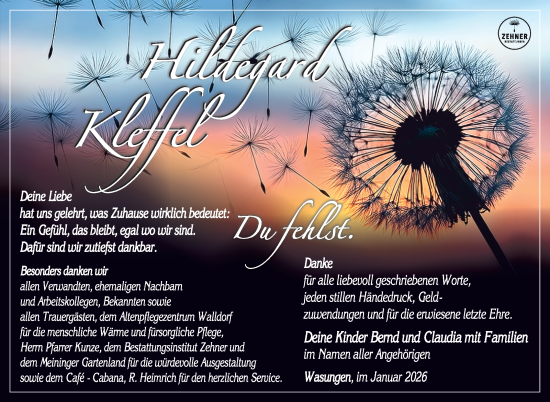 Traueranzeige von Hildegard Kleffel von Südthüringer Presse