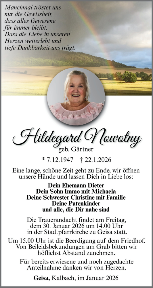 Traueranzeige von Hildegard Nowotny von Südthüringer Presse