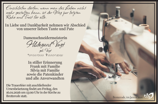 Traueranzeige von Hildegard Vogt von Südthüringer Presse