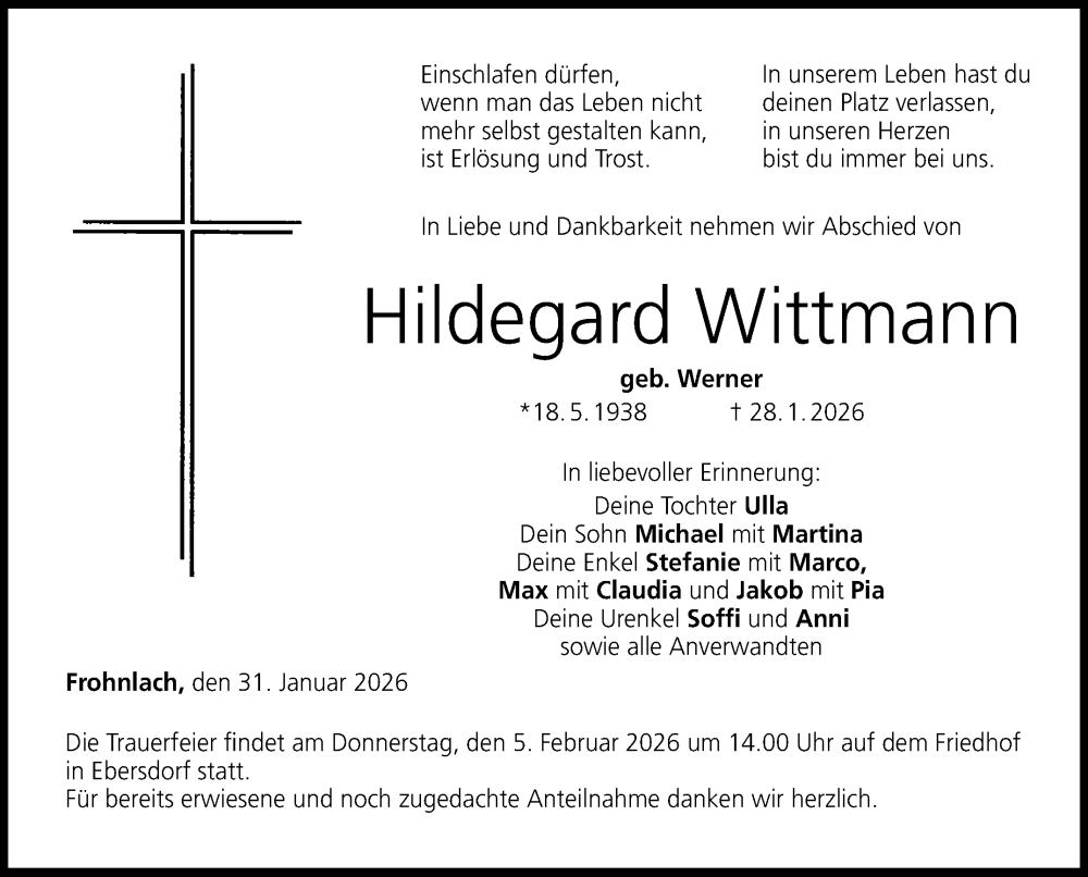  Traueranzeige für Hildegard Wittmann vom 31.01.2026 aus Neue Presse Coburg