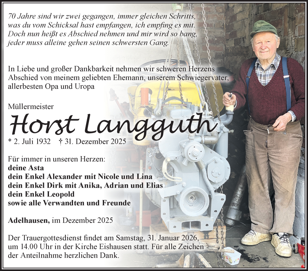  Traueranzeige für Horst Langguth vom 17.01.2026 aus Südthüringer Presse