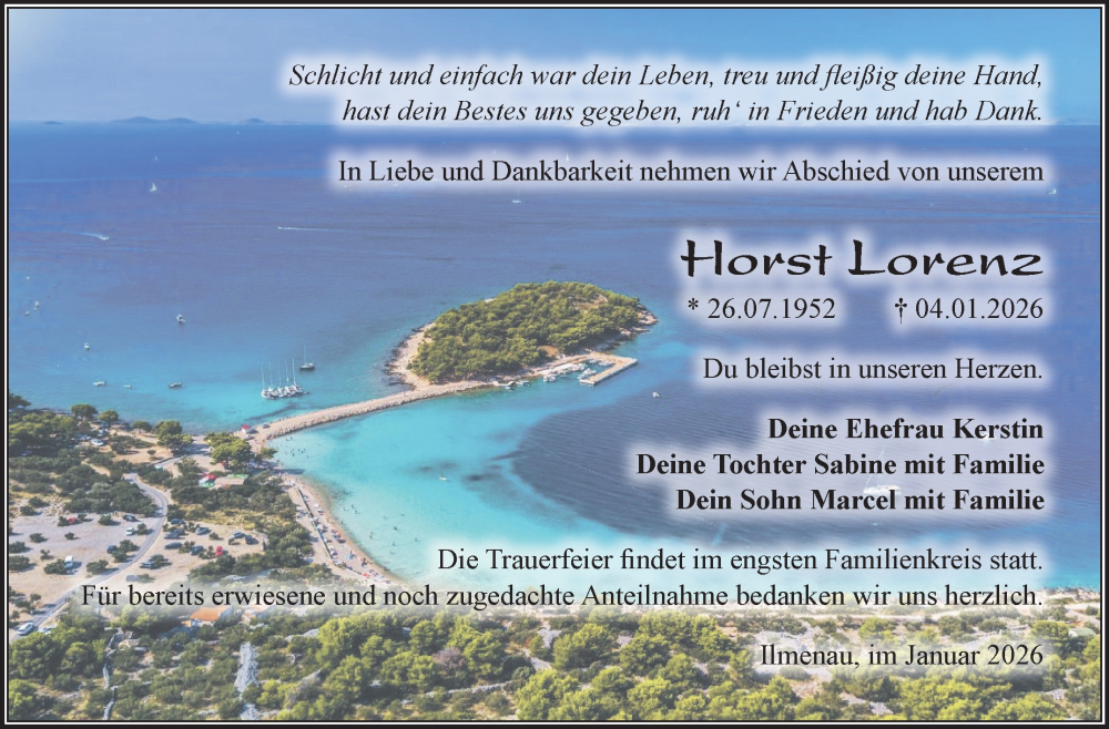  Traueranzeige für Horst Lorenz vom 10.01.2026 aus Südthüringer Presse