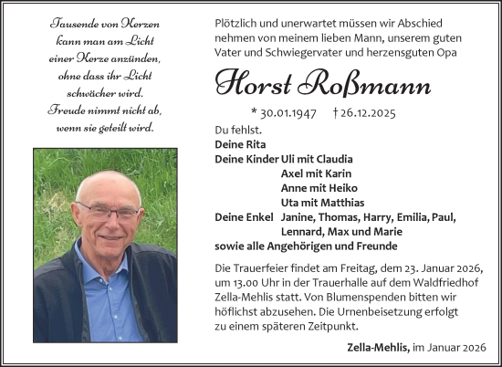 Traueranzeige von Horst Roßmann von Südthüringer Presse