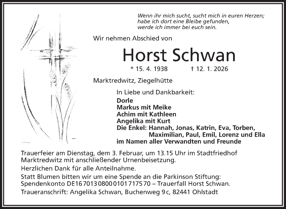  Traueranzeige für Horst Schwan vom 24.01.2026 aus Frankenpost
