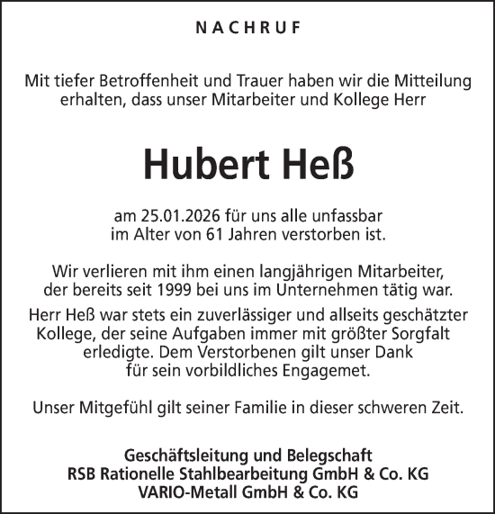 Traueranzeige von Hubert Heß von Südthüringer Presse