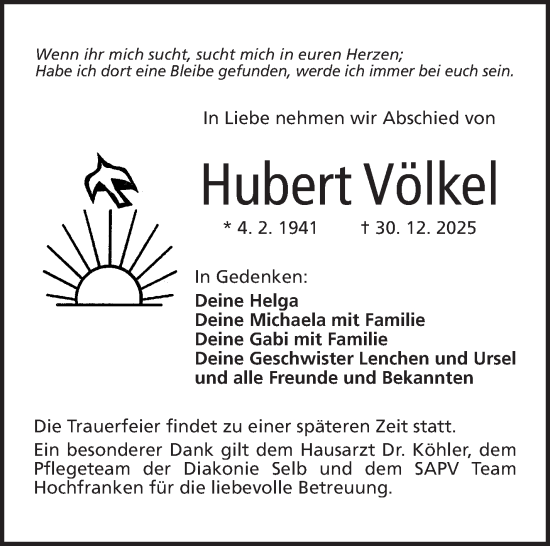 Traueranzeige von Hubert Völkel von Frankenpost