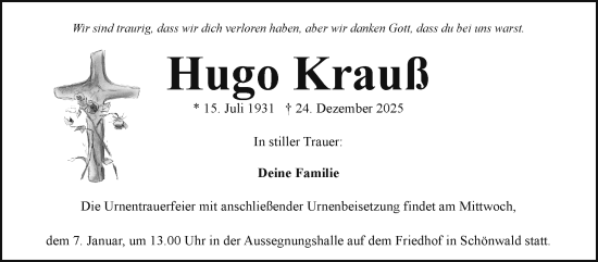 Traueranzeige von Hugo Krauß von Frankenpost