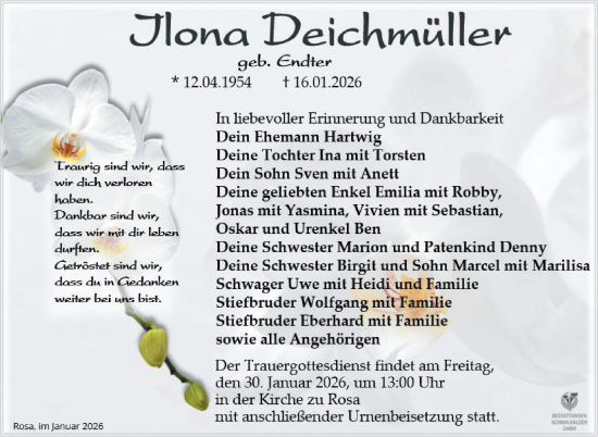 Traueranzeige von Ilona Deichmüller von Südthüringer Presse