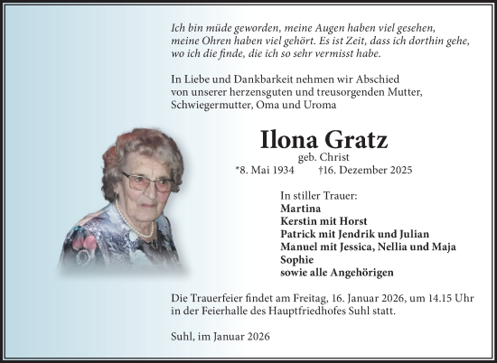 Traueranzeige von Ilona Gratz von Südthüringer Presse