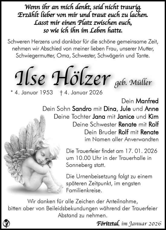 Traueranzeige von Ilse Hölzer von Südthüringer Presse