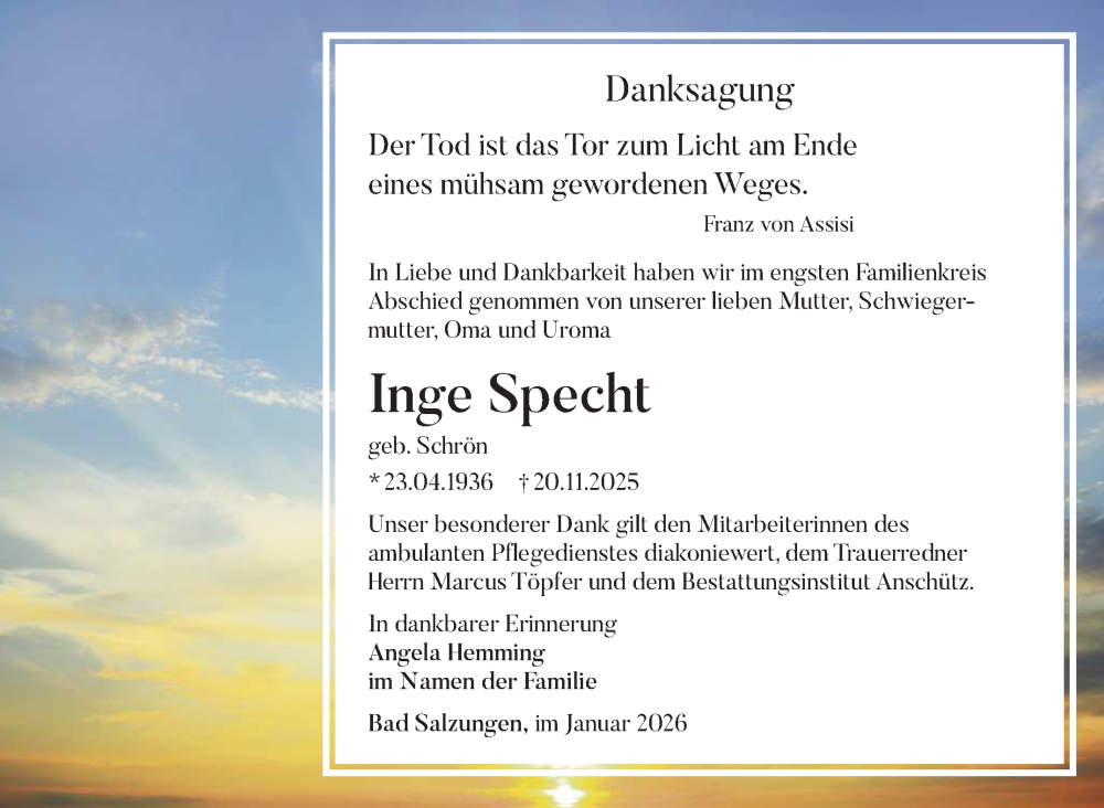  Traueranzeige für Inge Specht vom 07.01.2026 aus Südthüringer Presse