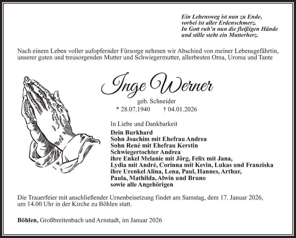  Traueranzeige für Inge Werner vom 10.01.2026 aus Südthüringer Presse