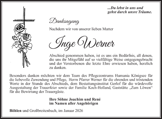 Traueranzeige von Inge Werner von Südthüringer Presse