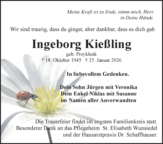 Traueranzeige von Ingeborg Kießling von Frankenpost