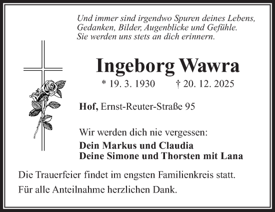 Traueranzeige von Ingeborg Wawra von Frankenpost