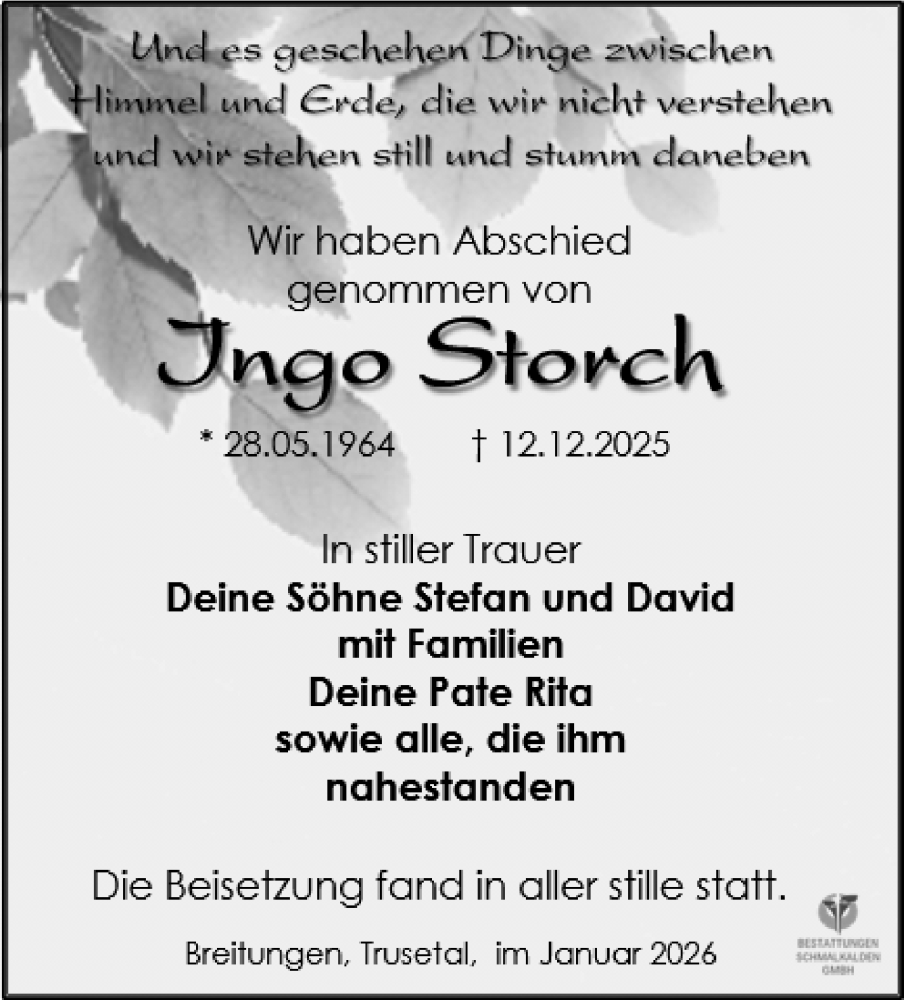  Traueranzeige für Ingo Storch vom 24.01.2026 aus Südthüringer Presse