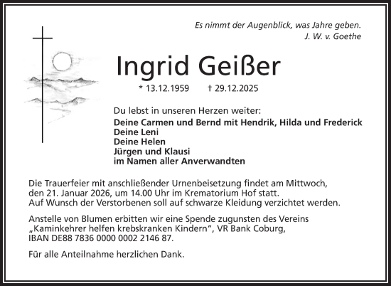 Traueranzeige von Ingrid Geißer von Frankenpost