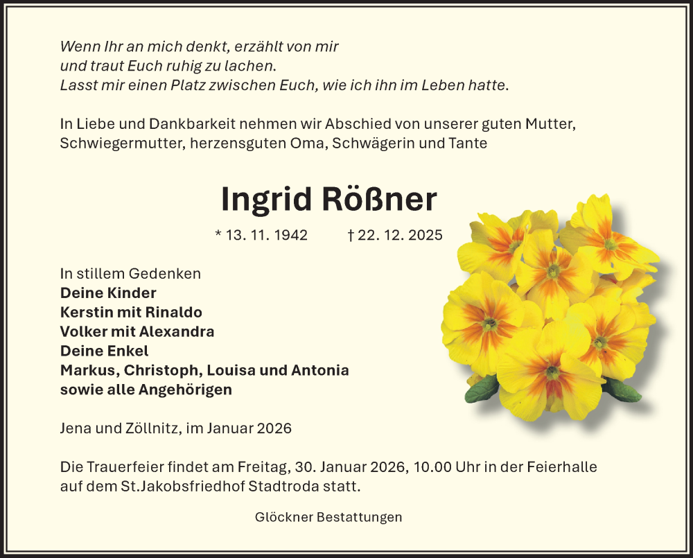  Traueranzeige für Ingrid Rößner vom 17.01.2026 aus Südthüringer Presse
