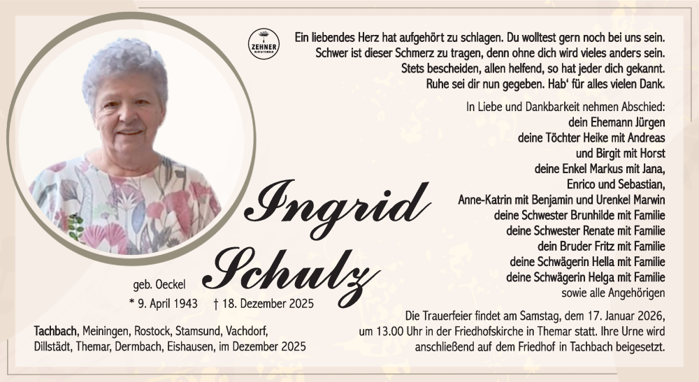  Traueranzeige für Ingrid Schulz vom 10.01.2026 aus Südthüringer Presse