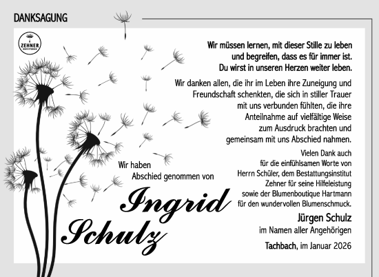 Traueranzeige von Ingrid Schulz von Südthüringer Presse