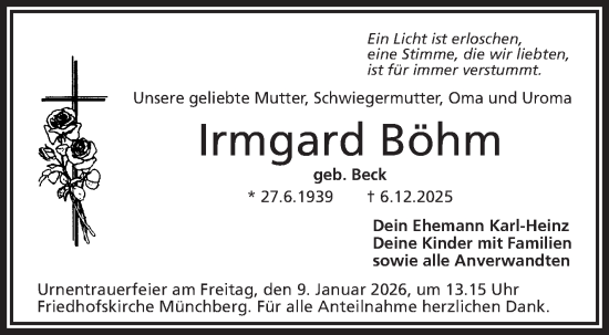 Traueranzeige von Irmgard Böhm von Frankenpost