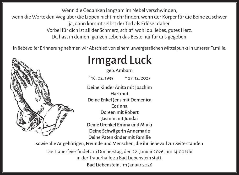  Traueranzeige für Irmgard Luck vom 17.01.2026 aus Südthüringer Presse