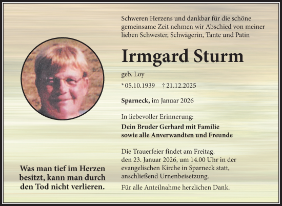 Traueranzeige von Irmgard Sturm von Frankenpost