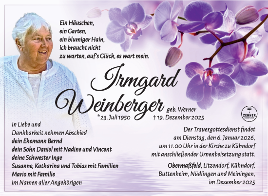 Traueranzeige von Irmgard Weinberger von Südthüringer Presse