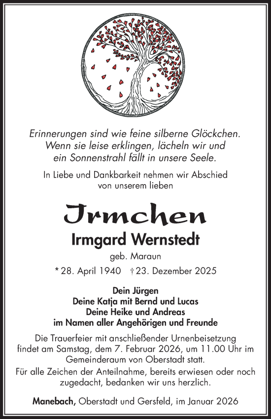 Traueranzeige von Irmgard Wernstedt von Südthüringer Presse