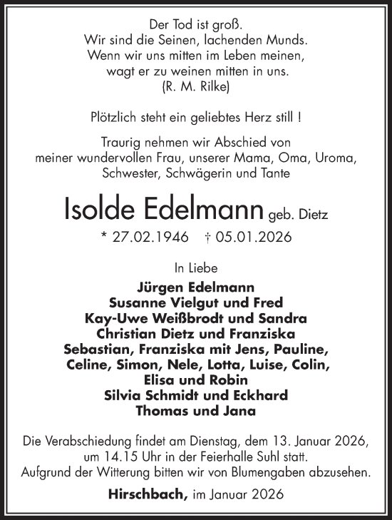 Traueranzeige von Isolde Edelmann von Südthüringer Presse