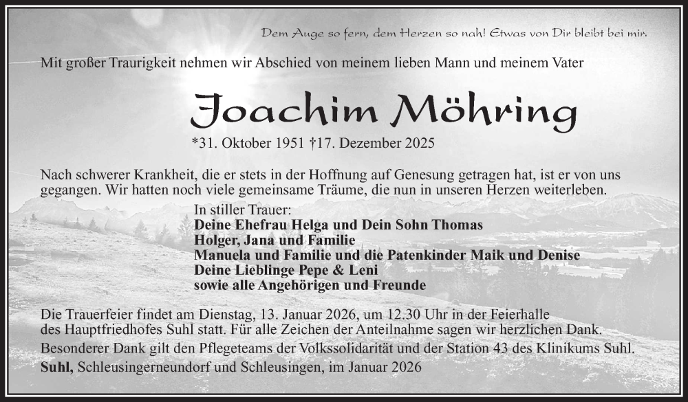  Traueranzeige für Joachim Möhring vom 03.01.2026 aus Südthüringer Presse
