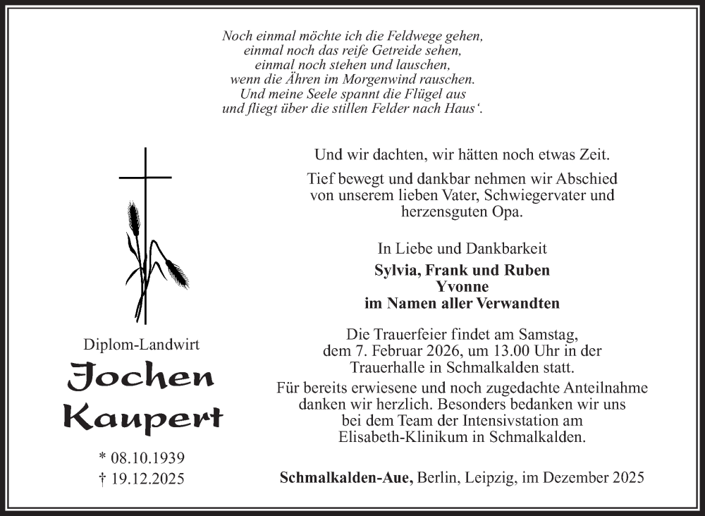 Traueranzeige für Jochen Kaupert vom 03.01.2026 aus Südthüringer Presse