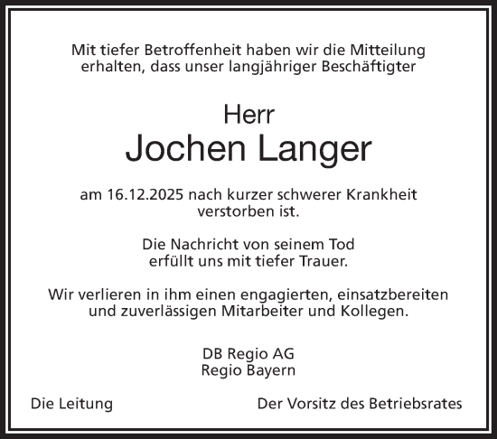 Traueranzeige von Jochen Langer von Frankenpost