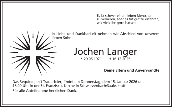 Traueranzeige von Jochen Langer von Frankenpost
